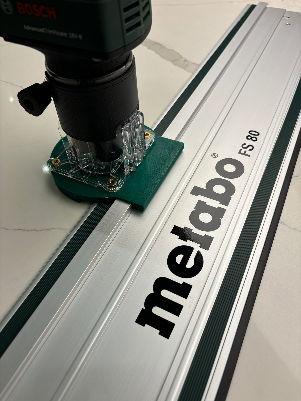 Bosch 18V-8 Advanced Trim Router Plunge Base Guide Rail Adapter to Metabo Track / Guide Rail