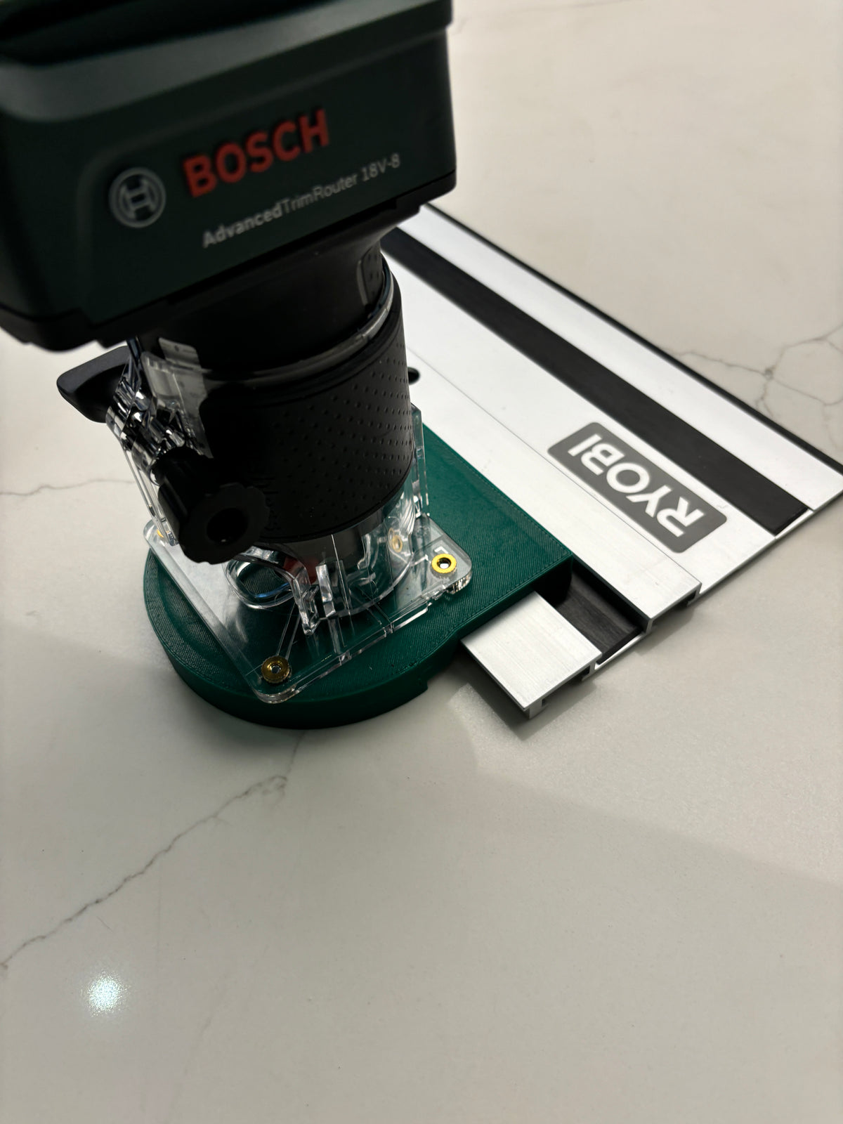 Bosch 18V-8 Advanced Trim Router Plunge Base Guide Rail Adapter to Ryobi Track / Guide Rail