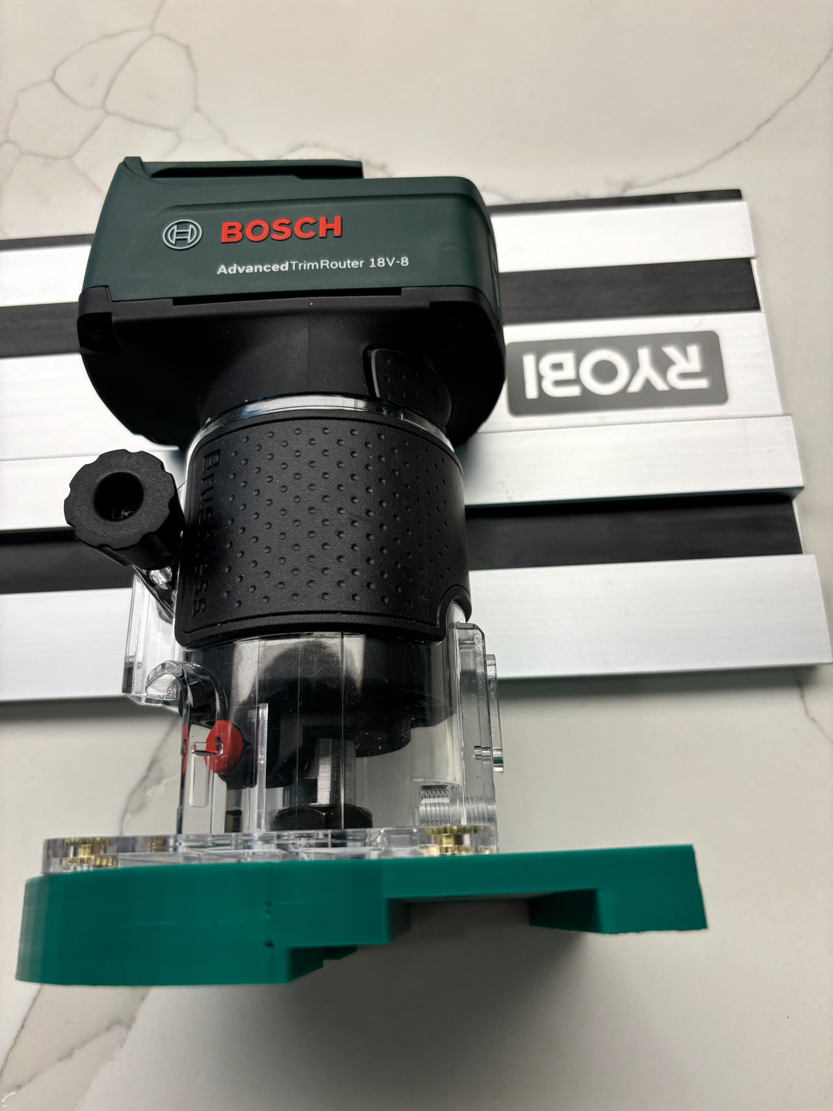 Bosch 18V-8 Advanced Trim Router Plunge Base Guide Rail Adapter to Ryobi Track / Guide Rail