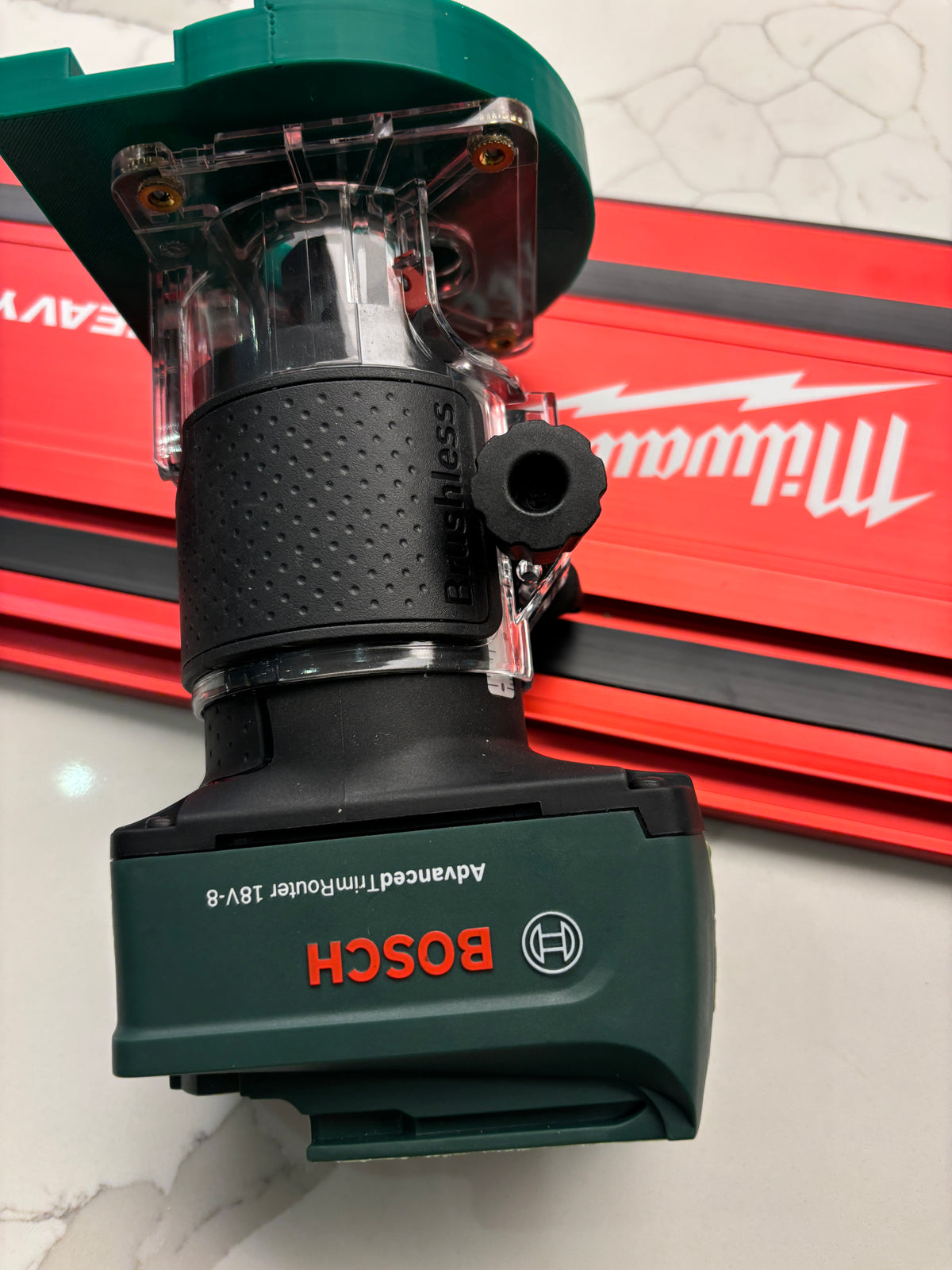Bosch 18V-8 Advanced Trim Router Plunge Base Guide Rail Adapter to Milwaukee Track / Guide Rail
