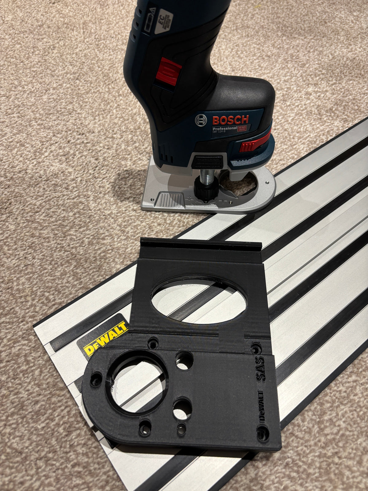 Bosch GKF 12V-8 Cordless Edge Trim Router Base Guide Rail Adapter to Dewalt Track / Guide Rail